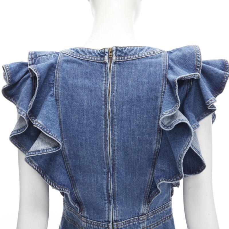 PHILOSOPHY DI LORENZO SERAFINI blue denim ruffled plunge neck dress IT38 XS For Sale 3