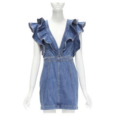 PHILOSOPHY DI LORENZO SERAFINI blue denim ruffled plunge neck dress IT38 XS