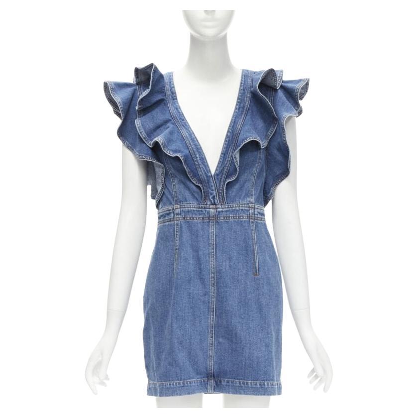 PHILOSOPHY DI LORENZO SERAFINI blue denim ruffled plunge neck dress IT38 XS For Sale
