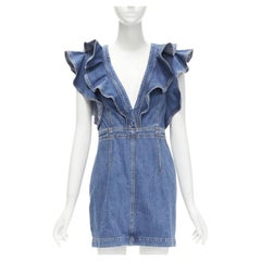 PHILOSOPHY DI LORENZO SERAFINI blue denim ruffled plunge neck dress IT38 XS