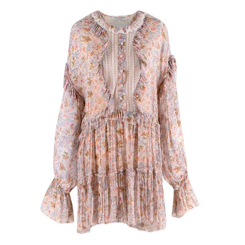 Philosophy Di Lorenzo Serafini Lace Floral Mini Dress

- Floral-print georgette mini dress
- Ivory lace-paneled front detailing 
- Raw-edged ruffles
- Faux pearl buttons 
- Extra-long sleeves
- Semi-sheer
- Concealed snap fastenings along