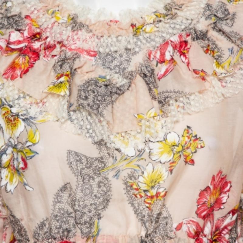 Beige Philosophy Di Lorenzo Serafini Pink Floral Printed Cotton  Ruffled Crop Top M For Sale