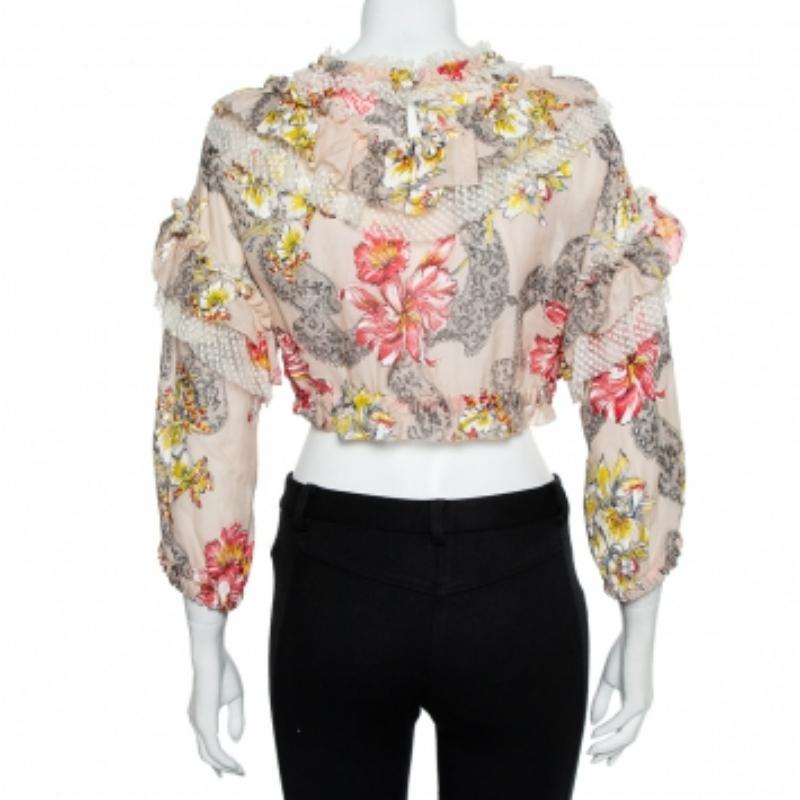 Women's Philosophy Di Lorenzo Serafini Pink Floral Printed Cotton  Ruffled Crop Top M For Sale