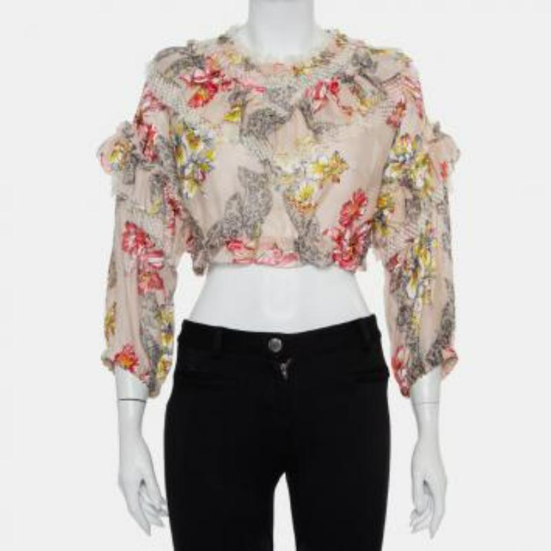 Philosophy Di Lorenzo Serafini Pink Floral Printed Cotton  Ruffled Crop Top M For Sale 3