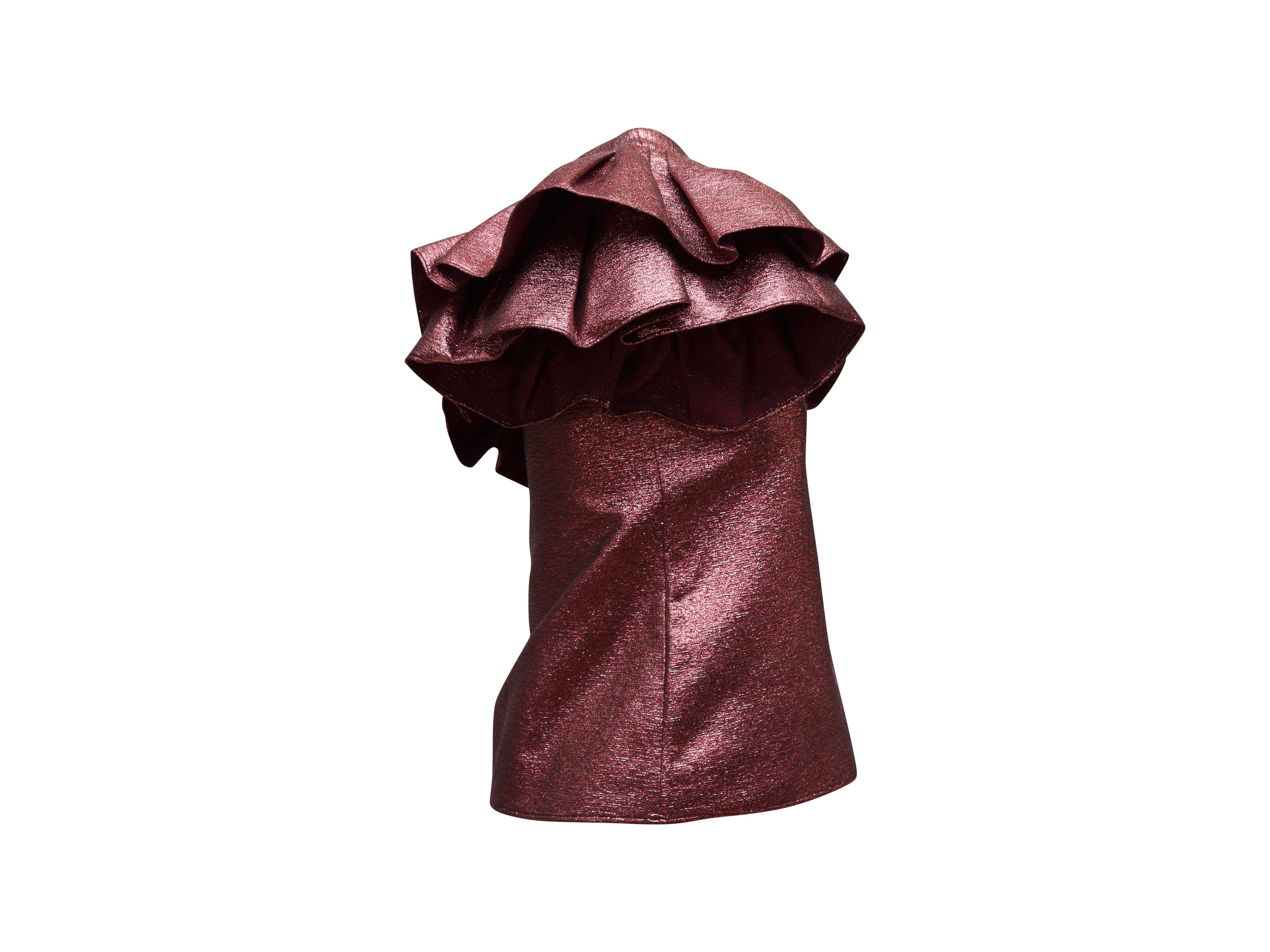Product details: Mauve pink one-shoulder metallic top by Philosophy di Lorenzo Serafini. Ruffle trim. 32