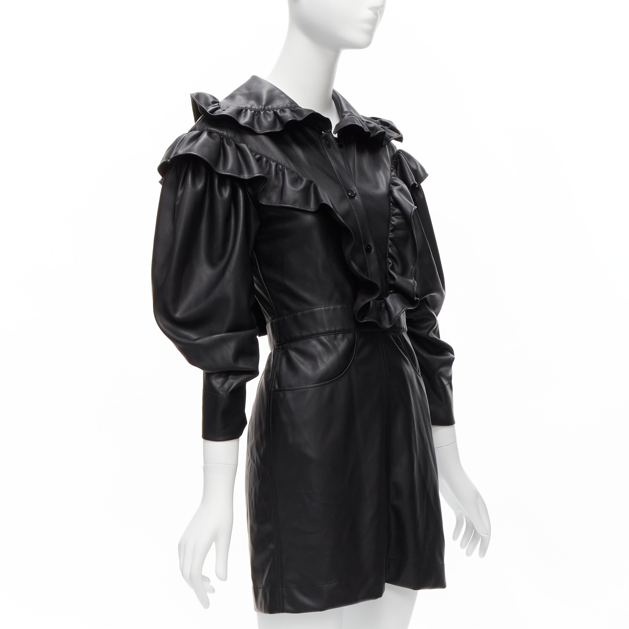 Black PHILOSOPHY DI LORENZO SERAFINI  vegan leather Victorian ruffle mini dress IT38  For Sale