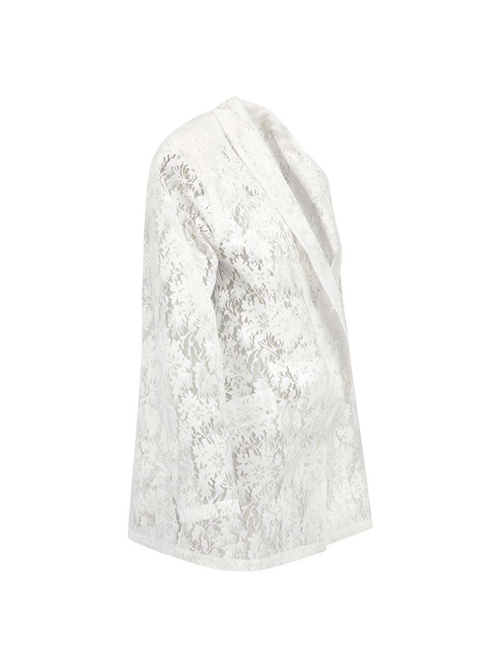 CONDITION is Never worn, with tags. No visible wear to jacket is evident on this new Philosophy di Lorenzo Serafini designer resale item.
  
  Details
  White
  Polyester
  Blazer jacket
  Oversized fit
  Floral lace
  Sheer
  Long sleeves
  Button
