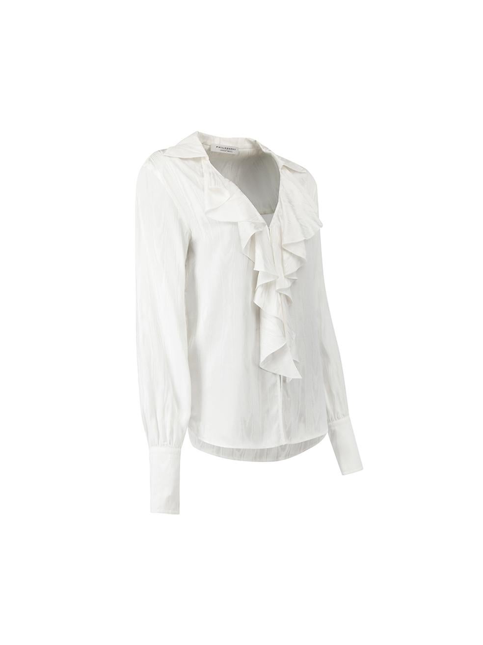 CONDITION is Never worn, with tags. No visible wear to blouse is evident on this new Philosophy di Lorenzo Serafini designer resale item. 



Details


White

Viscose

Long sleeves blouse

Wood grain embossed pattern

Ruffles accent

V