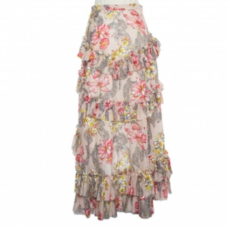 Brown Philosophy Floral Printed Cotton & Silk Ruffled Asymmetric Hem Midi Skirt M For Sale