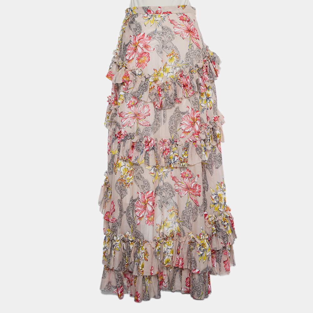 Brown Philosophy Floral Printed Cotton & Silk Ruffled Asymmetric Hem Midi Skirt M For Sale