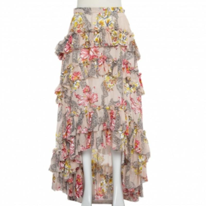 Philosophy Floral Printed Cotton & Silk Ruffled Asymmetric Hem Midi Skirt M For Sale 1