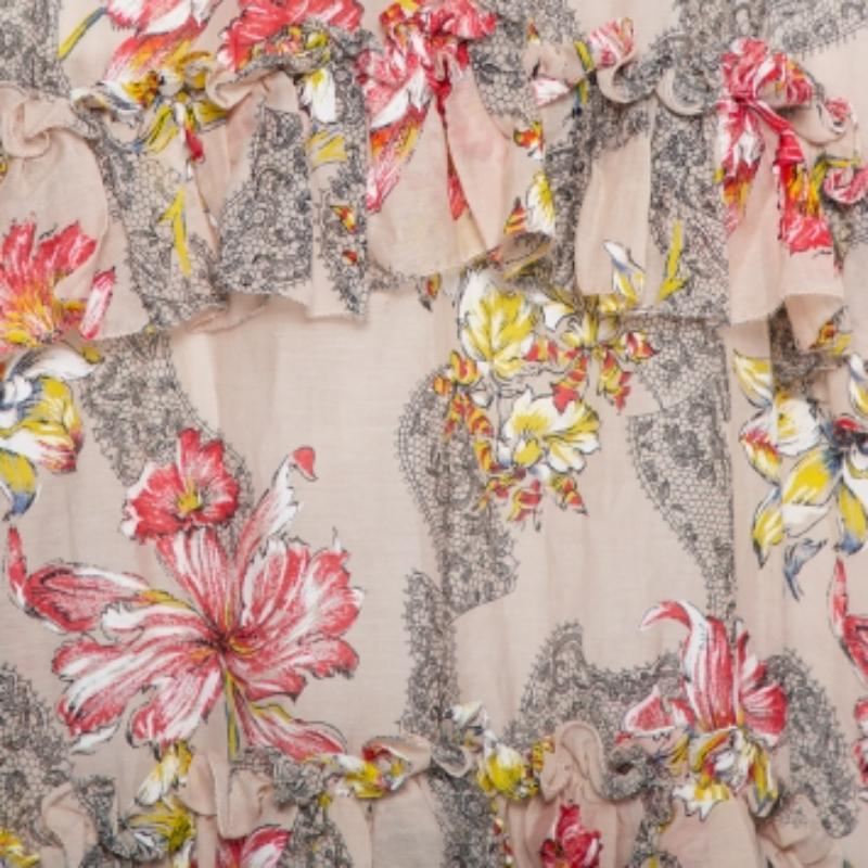 Philosophy Floral Printed Cotton & Silk Ruffled Asymmetric Hem Midi Skirt M For Sale 2
