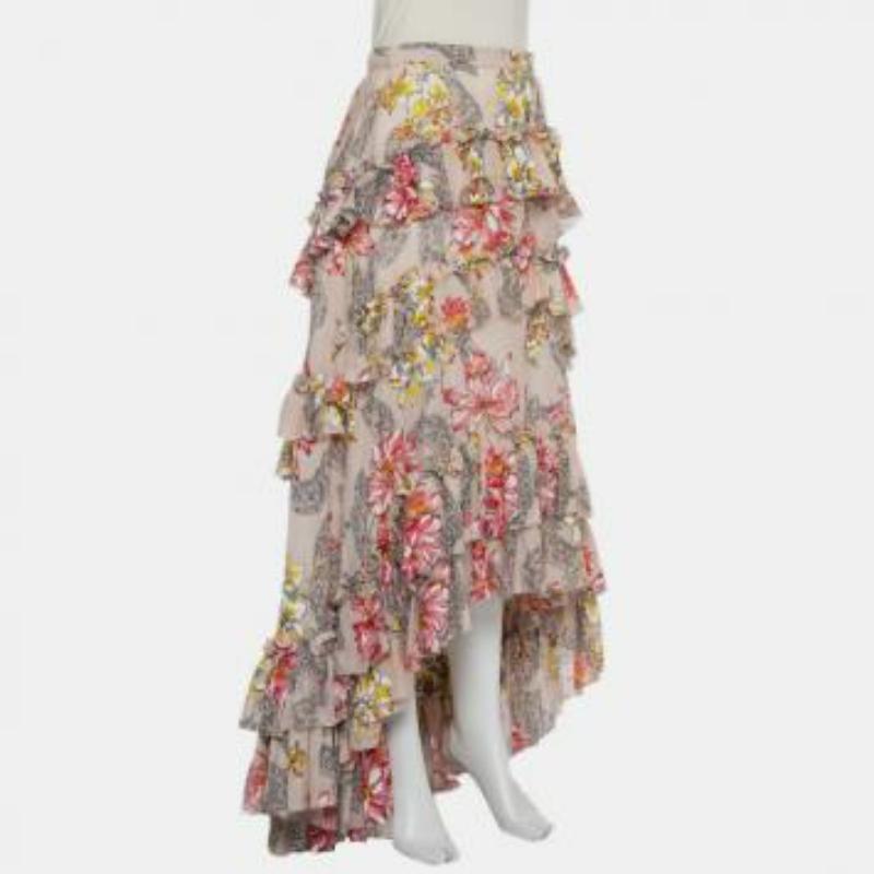 Philosophy Floral Printed Cotton & Silk Ruffled Asymmetric Hem Midi Skirt M For Sale 3