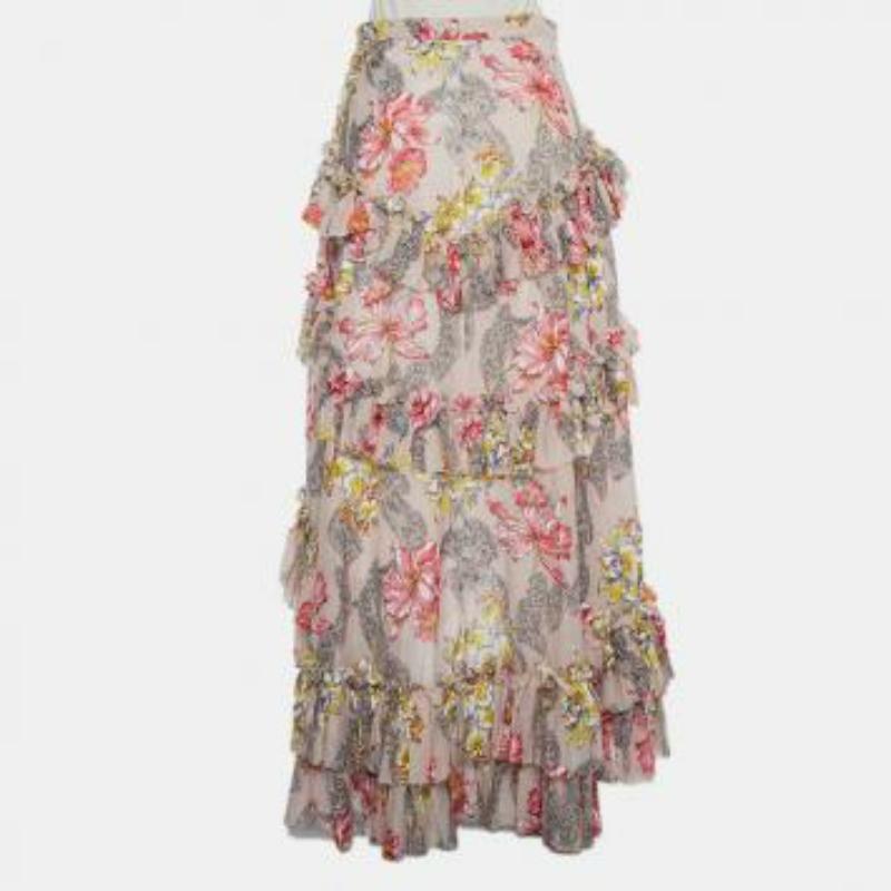 Philosophy Floral Printed Cotton & Silk Ruffled Asymmetric Hem Midi Skirt M For Sale 4