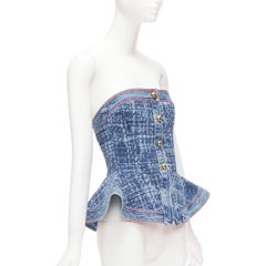 PHILOSOPHY LORENZO SERAFINI blue textured denim peplum corset bustier IT40 XS