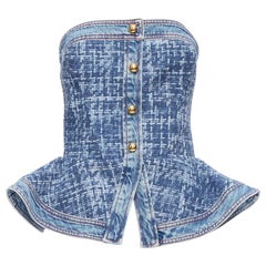 PHILOSOPHY LORENZO SERAFINI blue textured denim peplum corset bustier IT40 XS