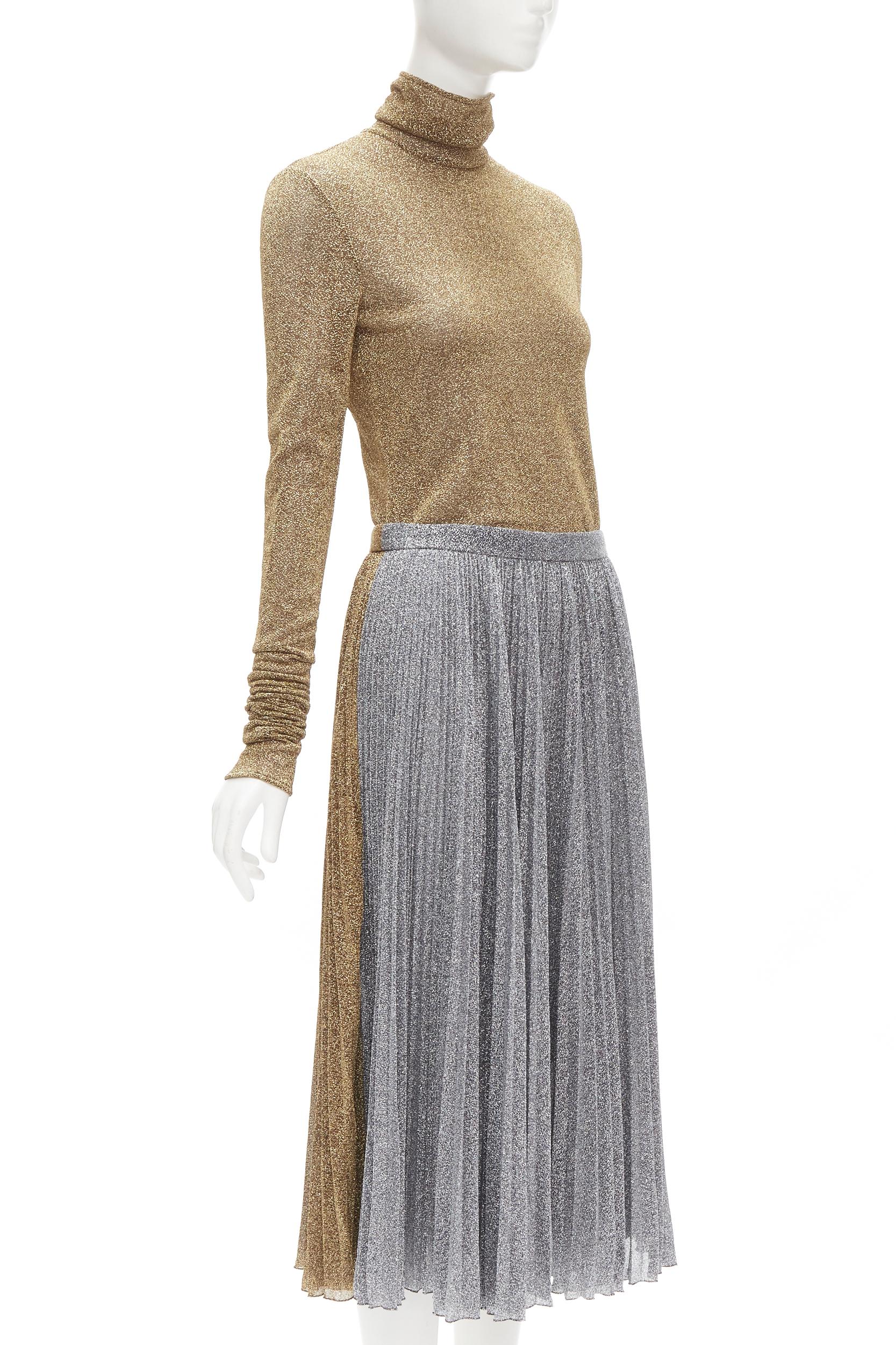 Gray PHILOSOPHY LORENZO SERAFINI metallic gold silver lurex turtleneck skirt set S For Sale