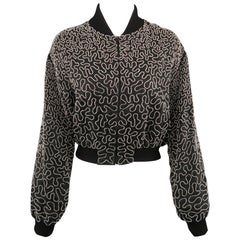 PHILOSOPHY Size 10 Black Clear Beaded Pattern Silk Cropped Bomber Jacket
