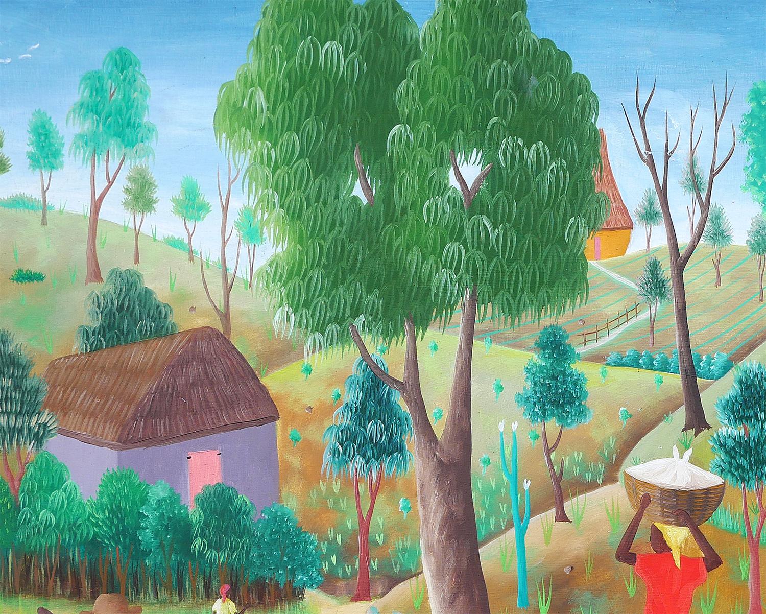 Warm-Toned Modern Abstract Haitian Farm Plantation Landscape with Figures For Sale 5