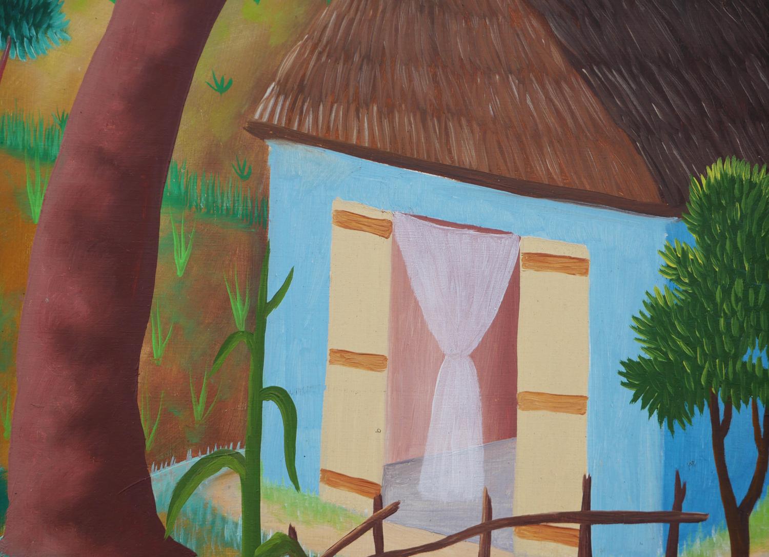 Paysage de ferme haïtien abstrait aux tons chauds avec personnages en vente 9