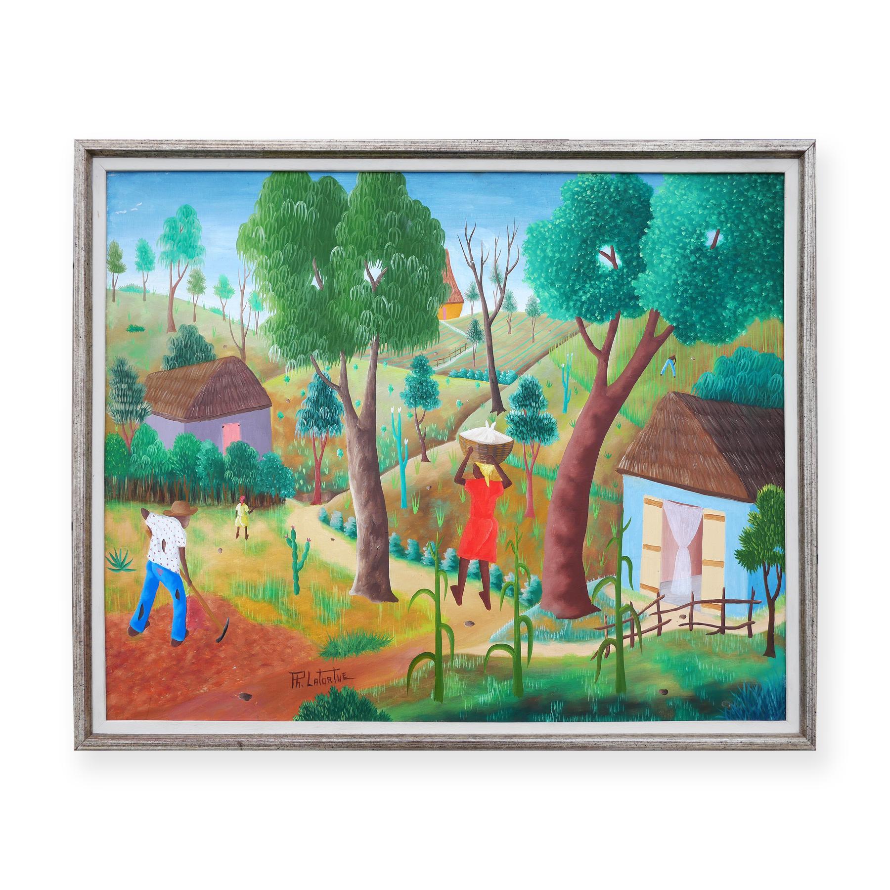 Paysage de ferme haïtien abstrait aux tons chauds avec personnages - Painting de Philton Latortue