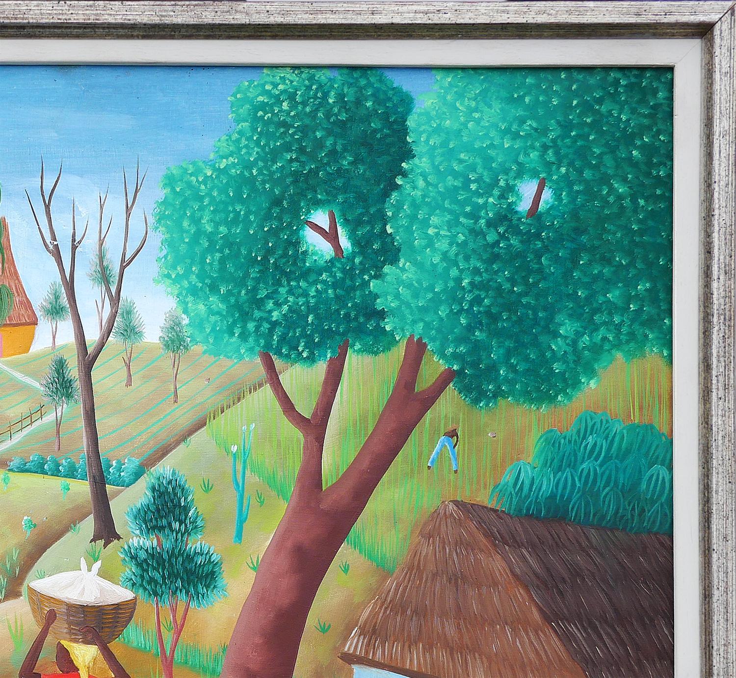 Peinture abstraite moderne et colorée d'un paysage par l'artiste haïtien Philton Latortue. L'œuvre montre une famille vaquant à ses occupations quotidiennes en travaillant la terre et en transportant des provisions. Signé à l'avant dans le coin