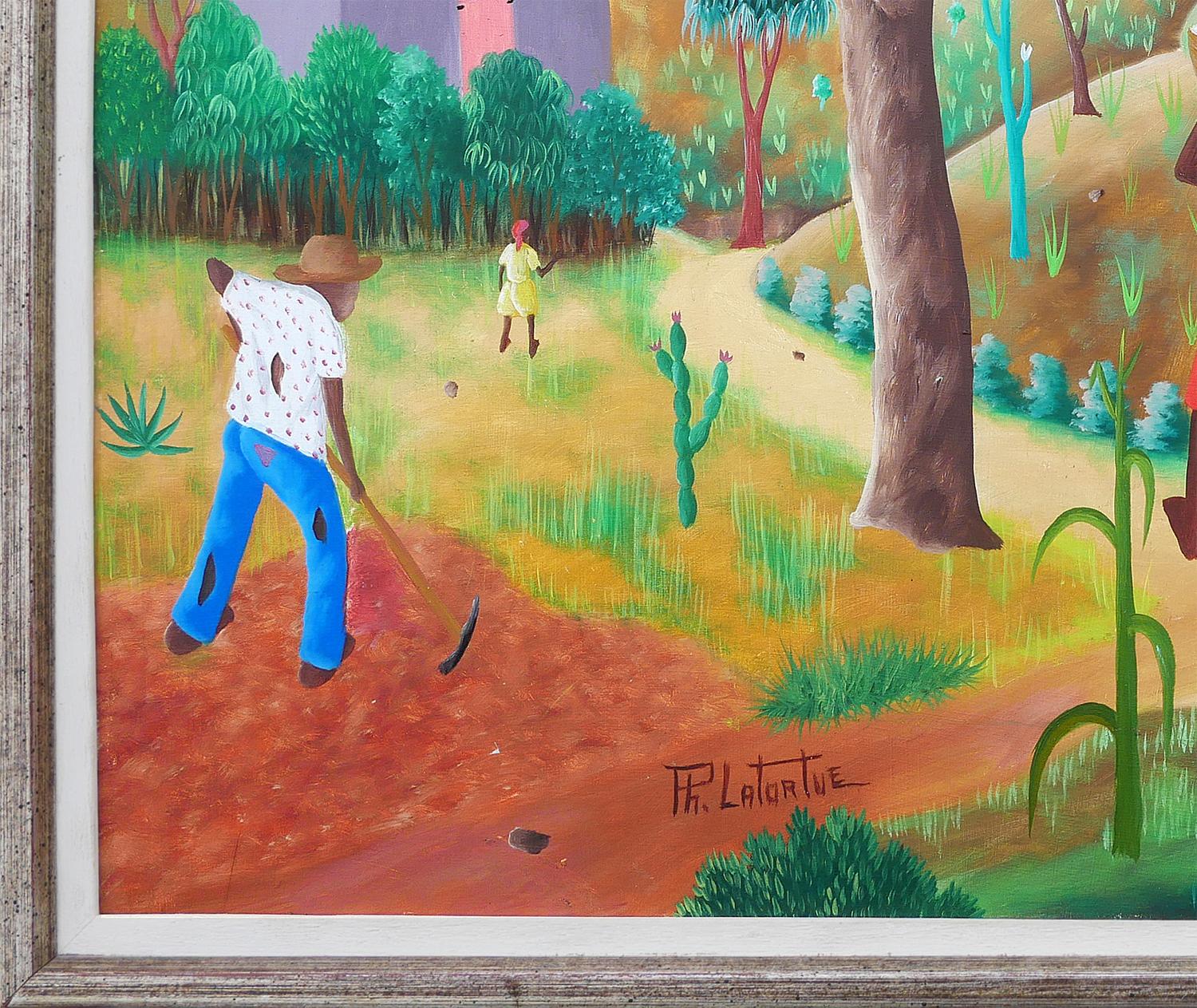 Paisaje abstracto moderno y colorista pintado por el artista haitiano Philton Latortue. La obra presenta a una familia que realiza sus tareas cotidianas trabajando la tierra y transportando provisiones. Firmado en la esquina inferior izquierda.