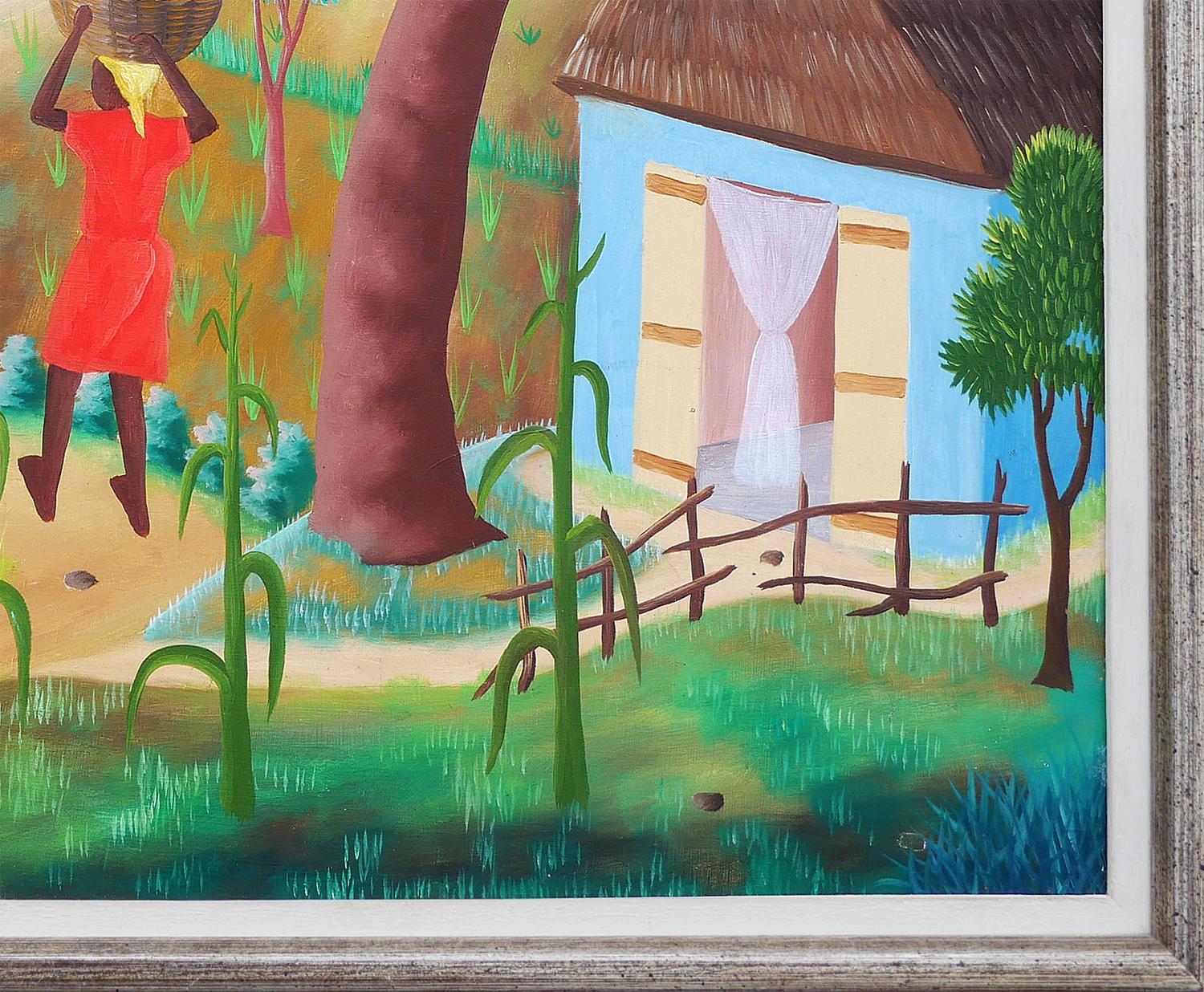 Warm-Toned Modern Abstract Haitian Farm Plantation Landscape with Figures For Sale 1