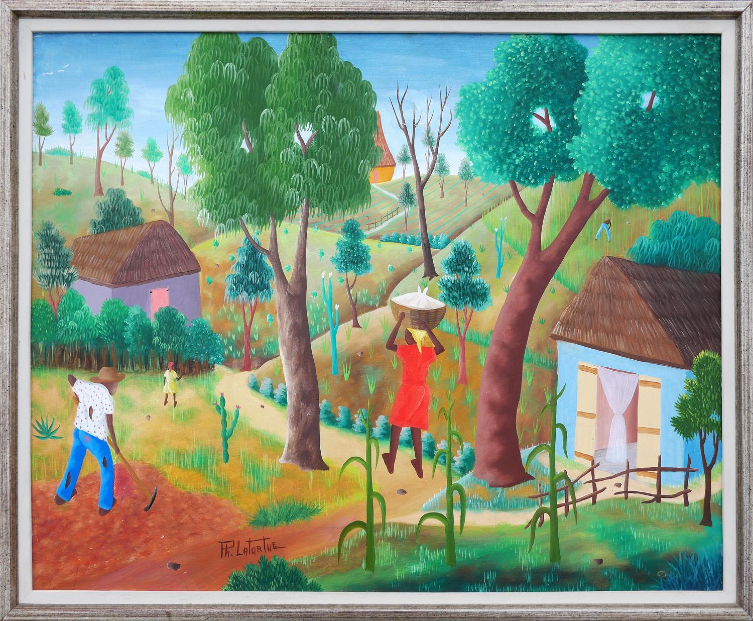 Paysage de ferme haïtien abstrait aux tons chauds avec personnages en vente 3