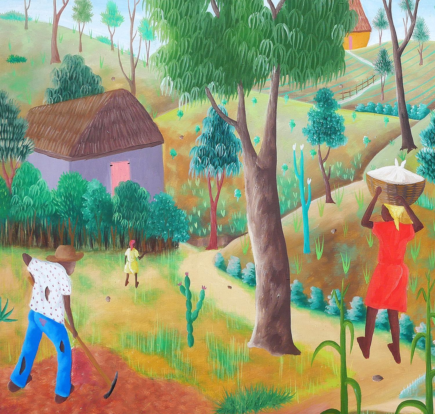 Paysage de ferme haïtien abstrait aux tons chauds avec personnages en vente 5