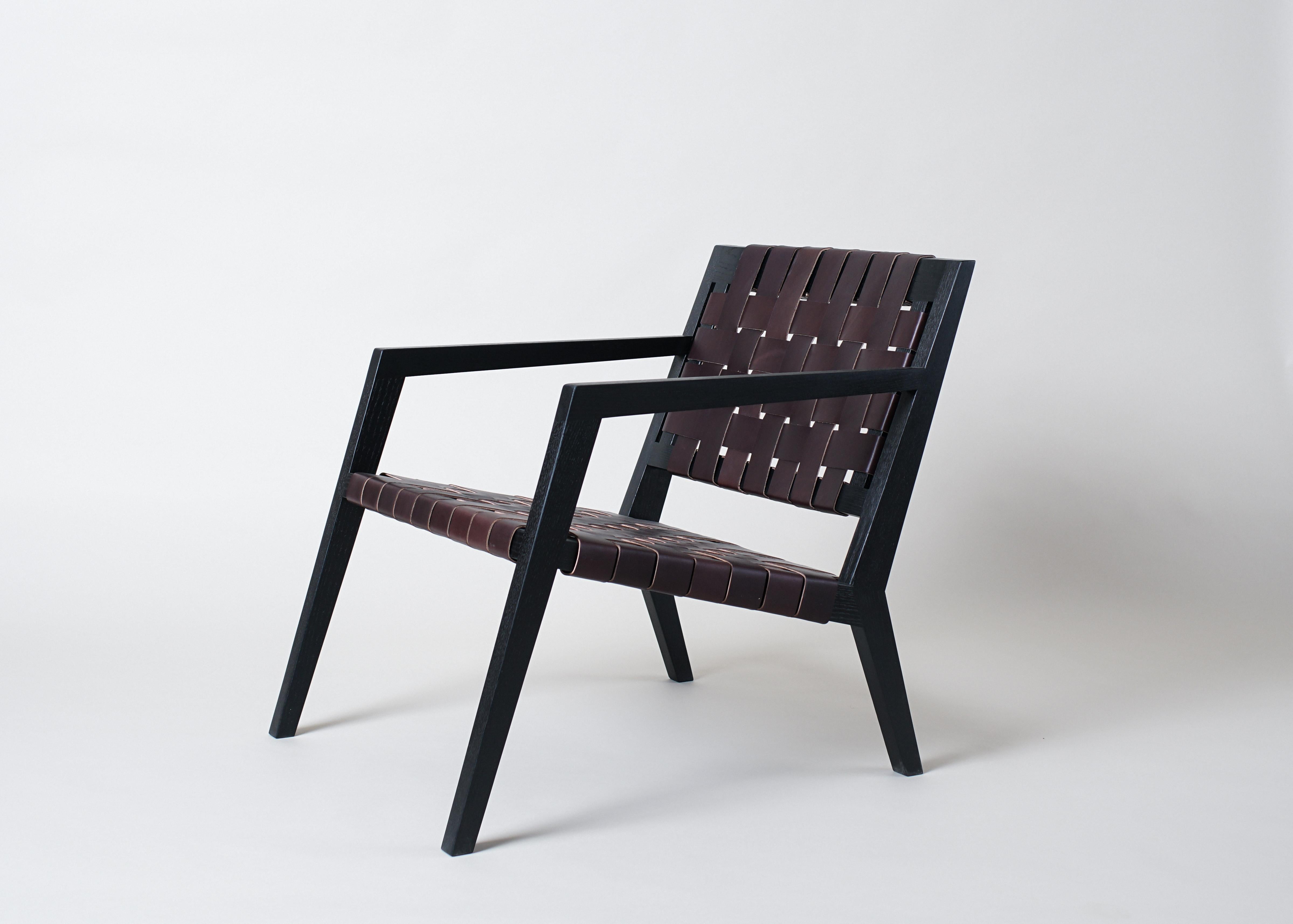 Contemporary Phloem Studio Nadine Lounge, Modern Wood and Leather Strap Lounge Chair For Sale