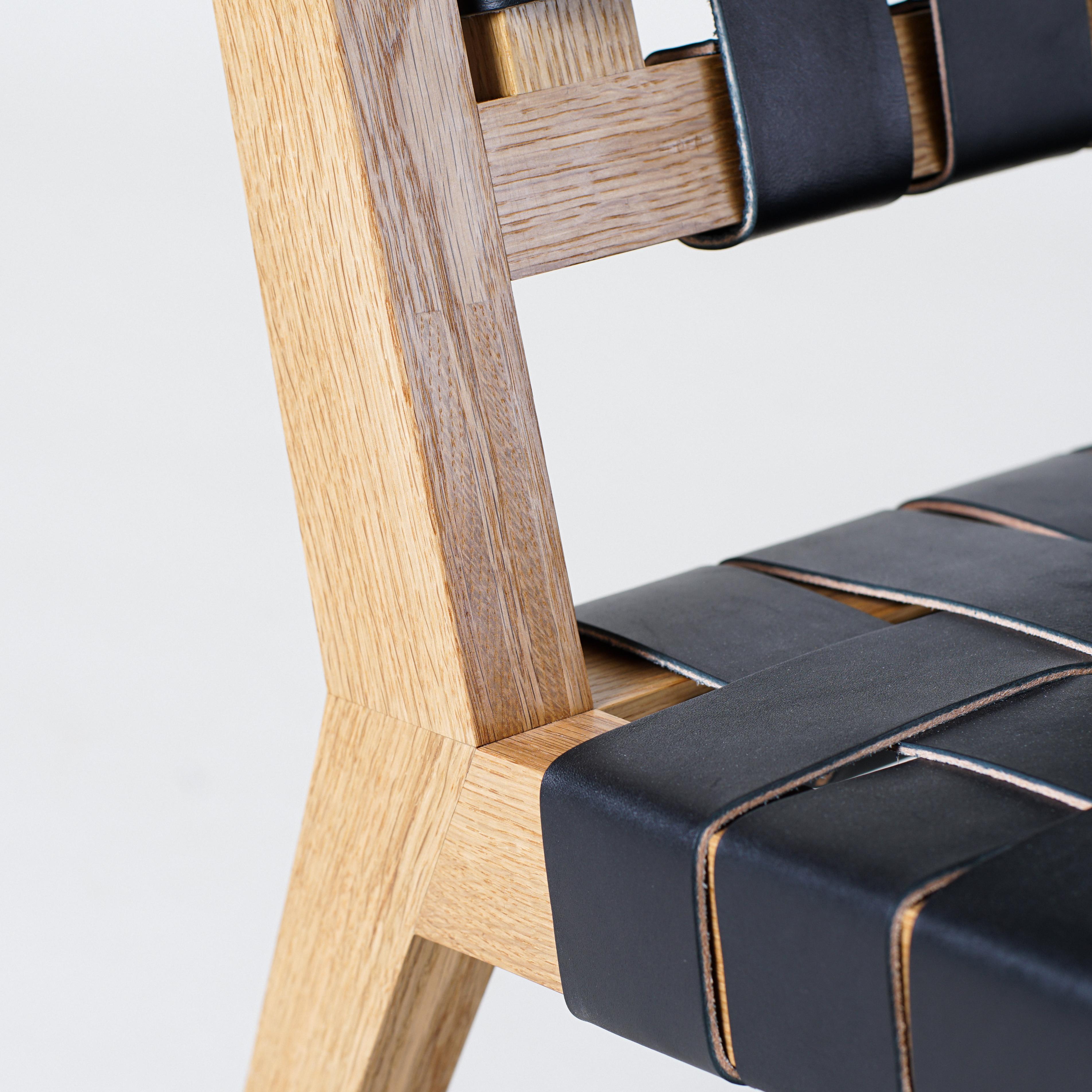 American Phloem Studio Nadine Lounge, Modern Wood and Leather Strap Lounge Chair For Sale