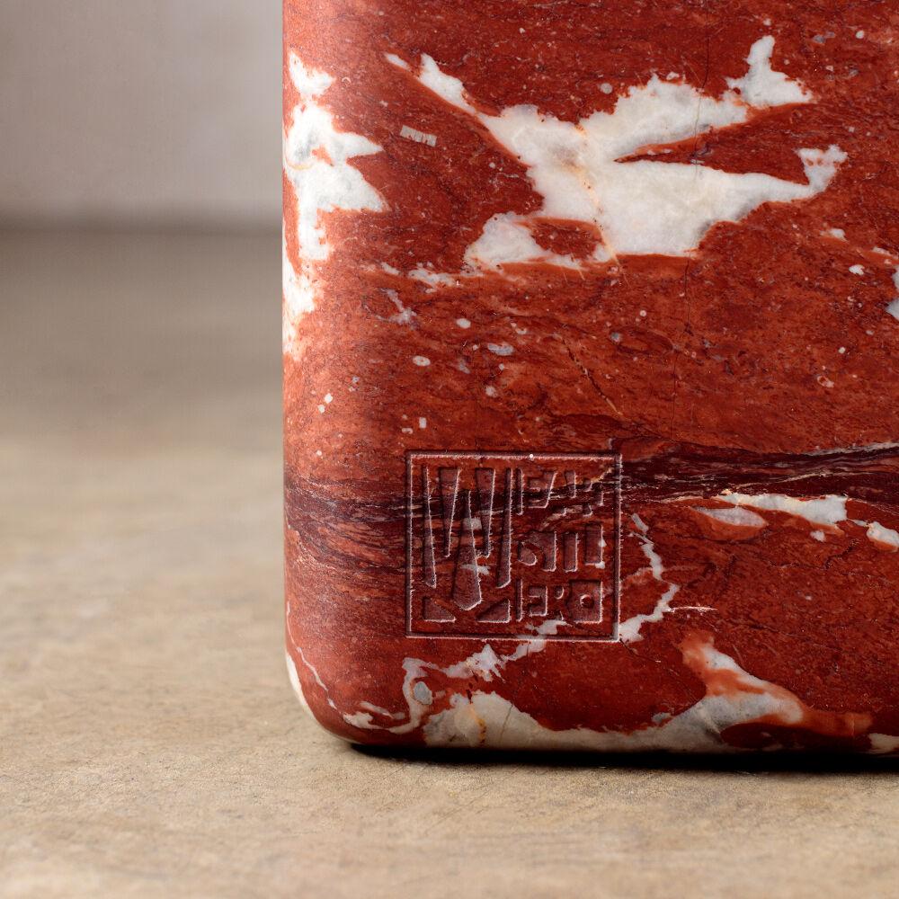 American Phobos Stool Sculpture in Rossa Francia Red Marble with Brass by Kelly Wearstler