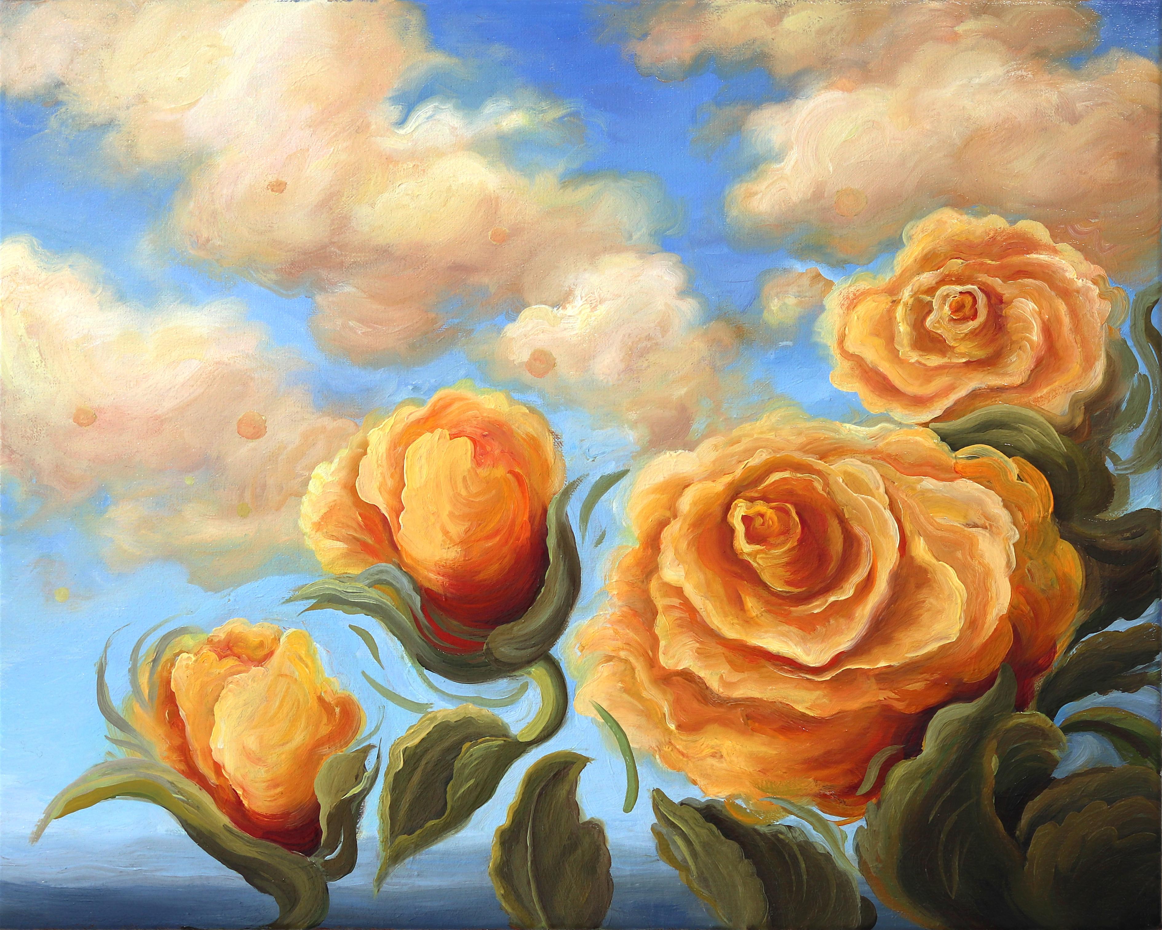 Phoebe Brunner Still-Life Painting - Rose Delight - Original Atmospheric Floral Landscape Oil Painting on Canvas