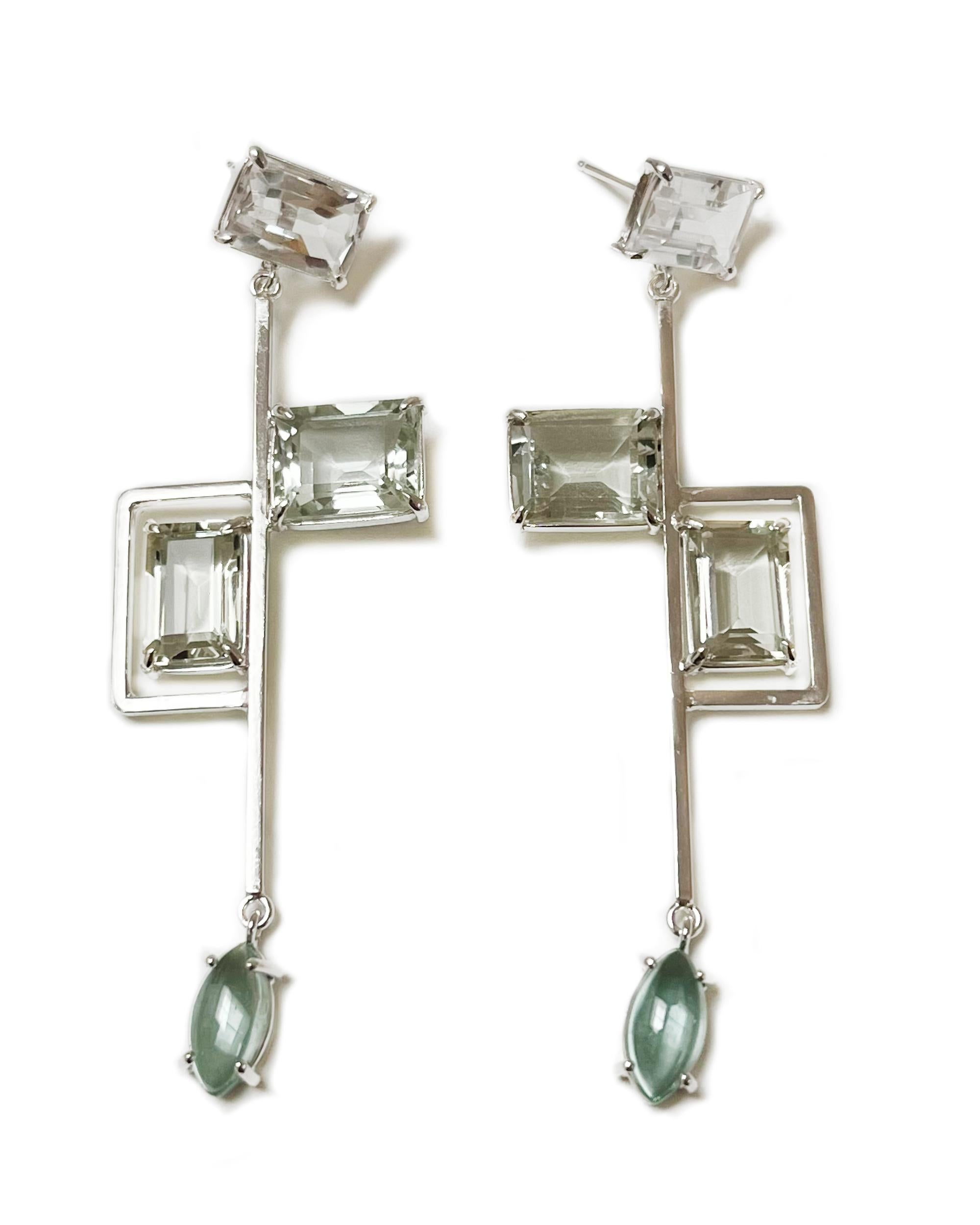 Taille émeraude Boucles d'oreilles en goutte Phoebe en quartz vert, Prasiolite, topaze blanche et argent