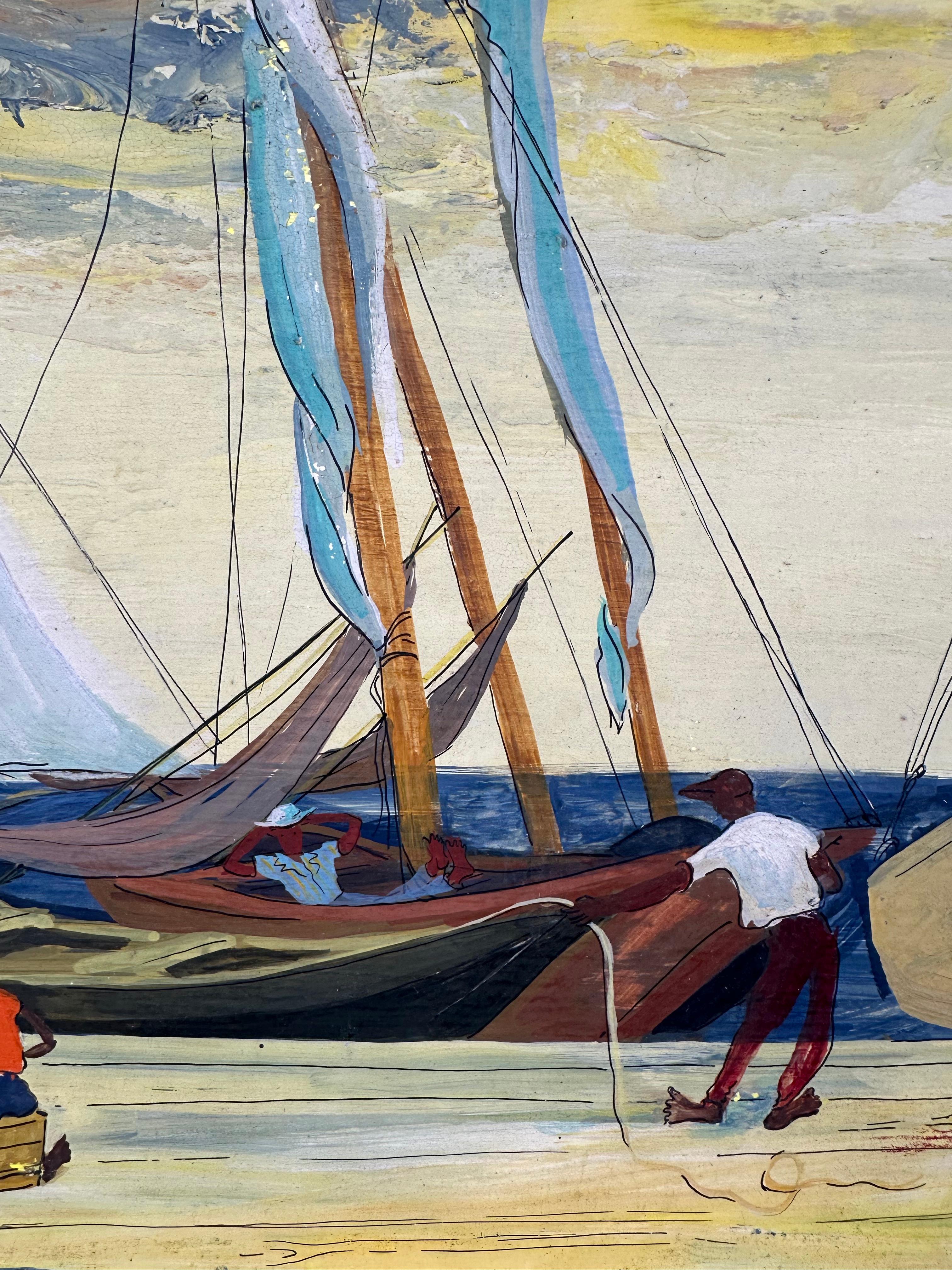 Schönes Gemälde von Phoebe Towbin (1911-1995), das bahamaische Fischerboote darstellt. Fischer der Bahamas, 1952. Alkyd auf Masonitplatte, 16,5 x 22,5 Zoll; 22,5 x 28,5 Zoll gerahmt. Signiert und datiert unten rechts. Leichte Craquelébildung und
