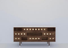 midcentury modern marble and wood sideboard with cabinets and drawers