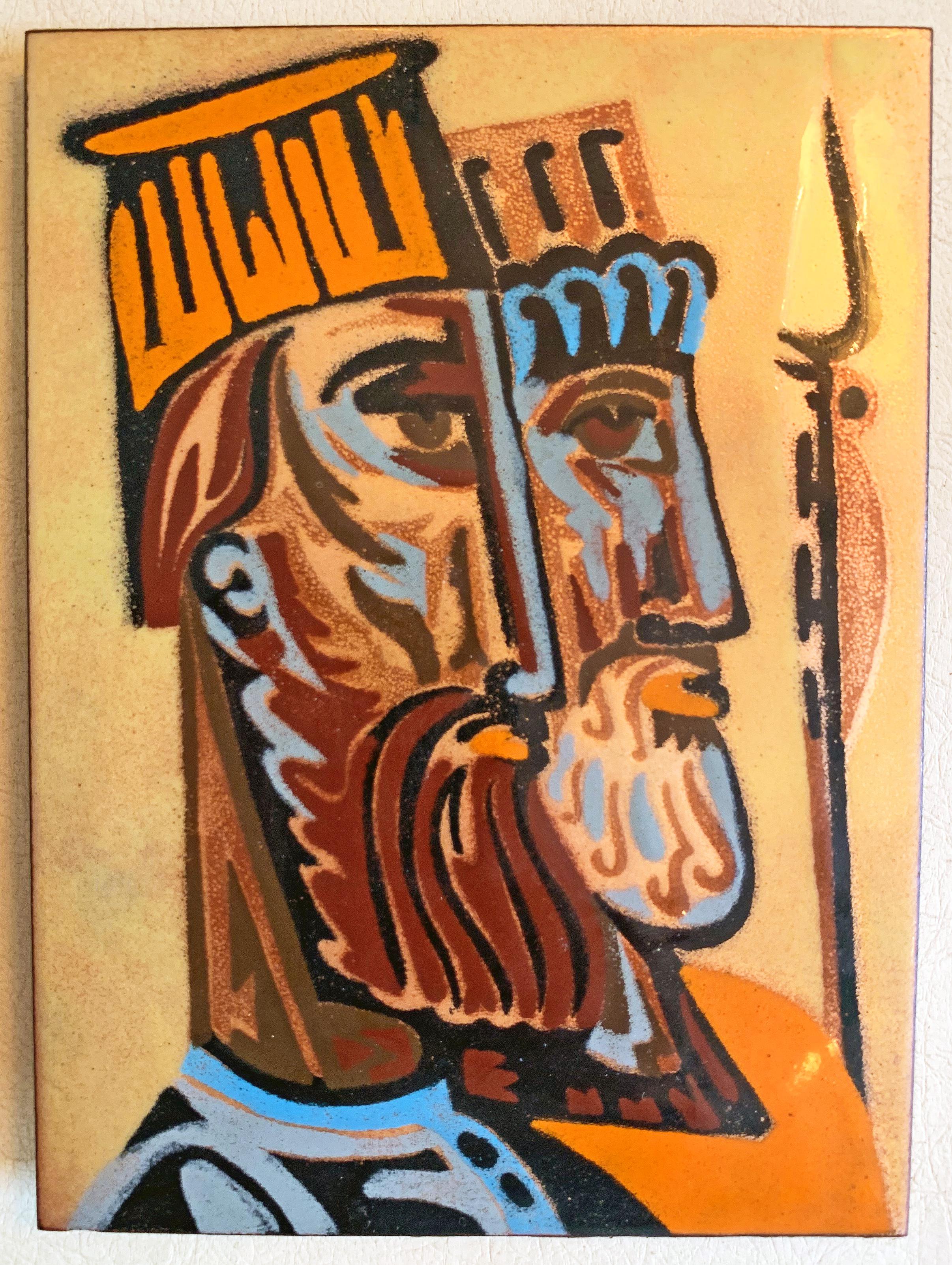 Brilliant and striking examples of midcentury enamel art, this pair of panels showing ancient soldiers with helmets and spears is not signed, but each is superb in craftsmanship and palette. They each exhibit the orange and yellow hues that are