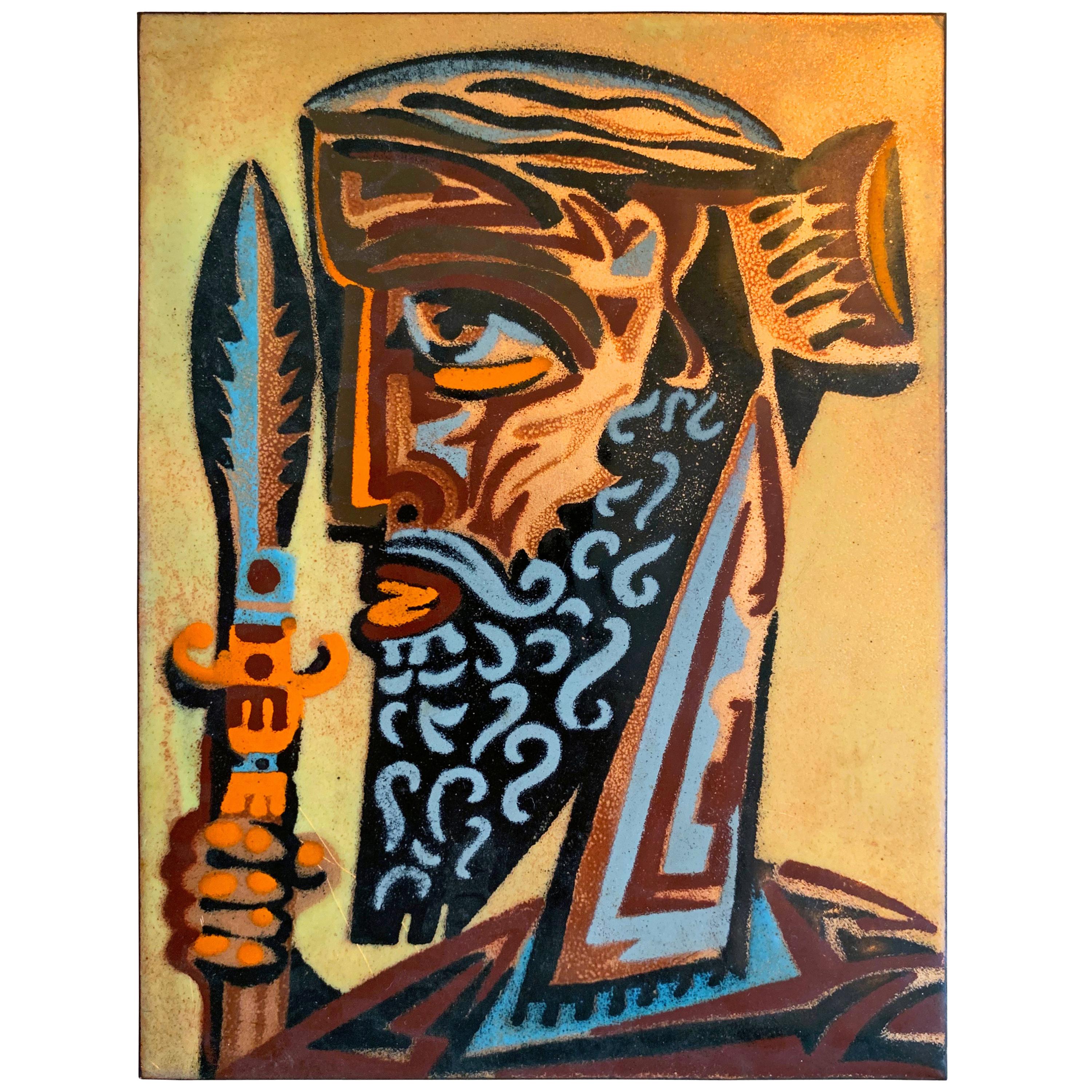 "Phoenician Soldiers, " Pair of Brilliant Midcentury Enamel Panels, Framed For Sale