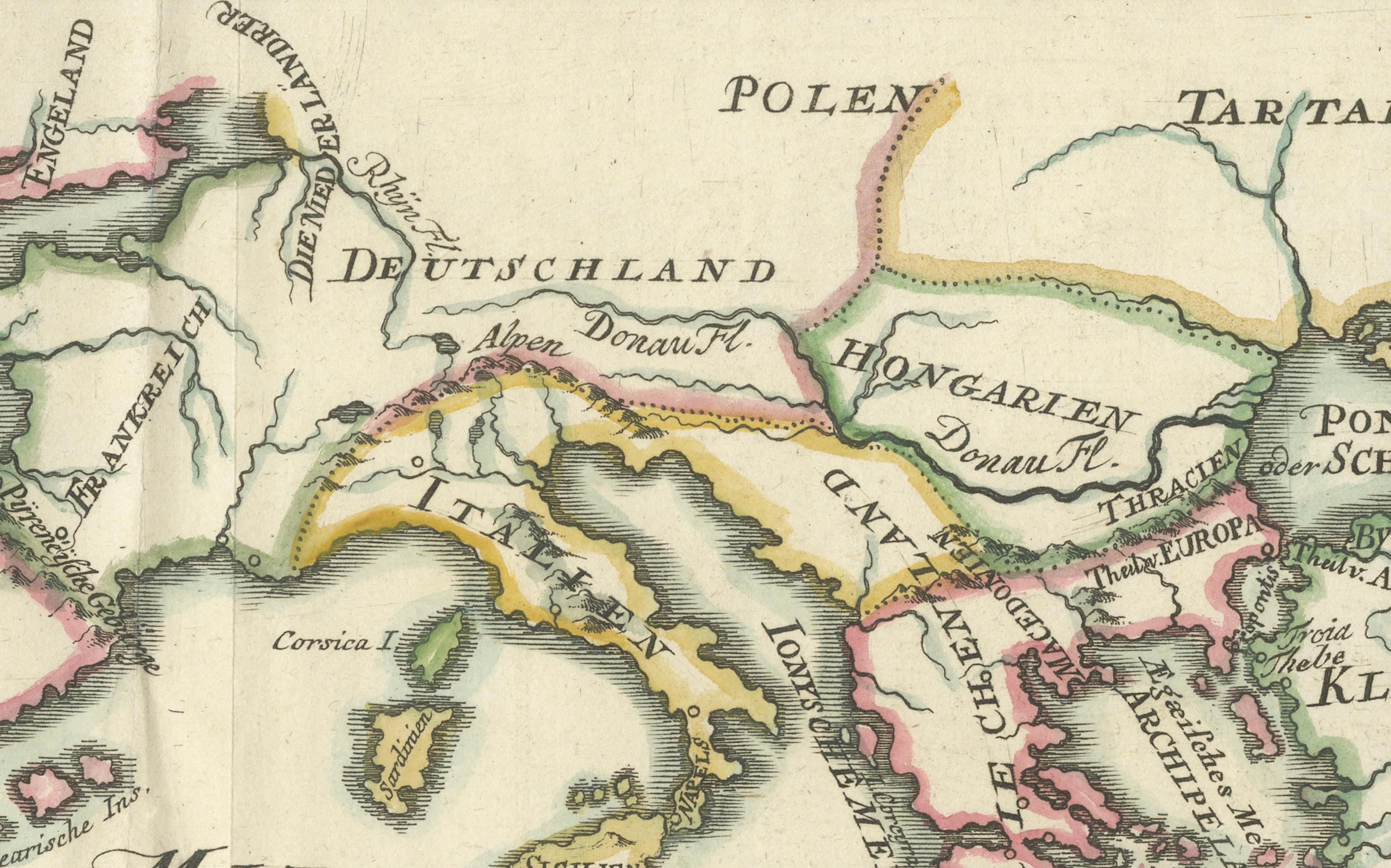 Rutas comerciales fenicias - Mapa antiguo de Europa y el Mediterráneo, 1748

Este antiguo mapa alemán titulado Vorstellung von Europa zur Erläuterung der Schifffahrt der Phönicier auf dem Mittelländischen Meer (Representación de Europa para la