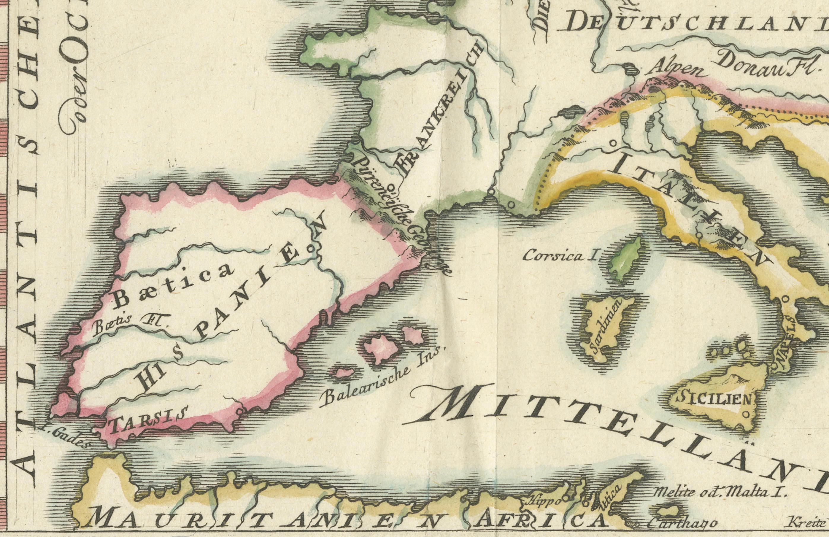 Rutas comerciales fenicias - Mapa antiguo de Europa y el Mediterráneo, 1748 Grabado en venta