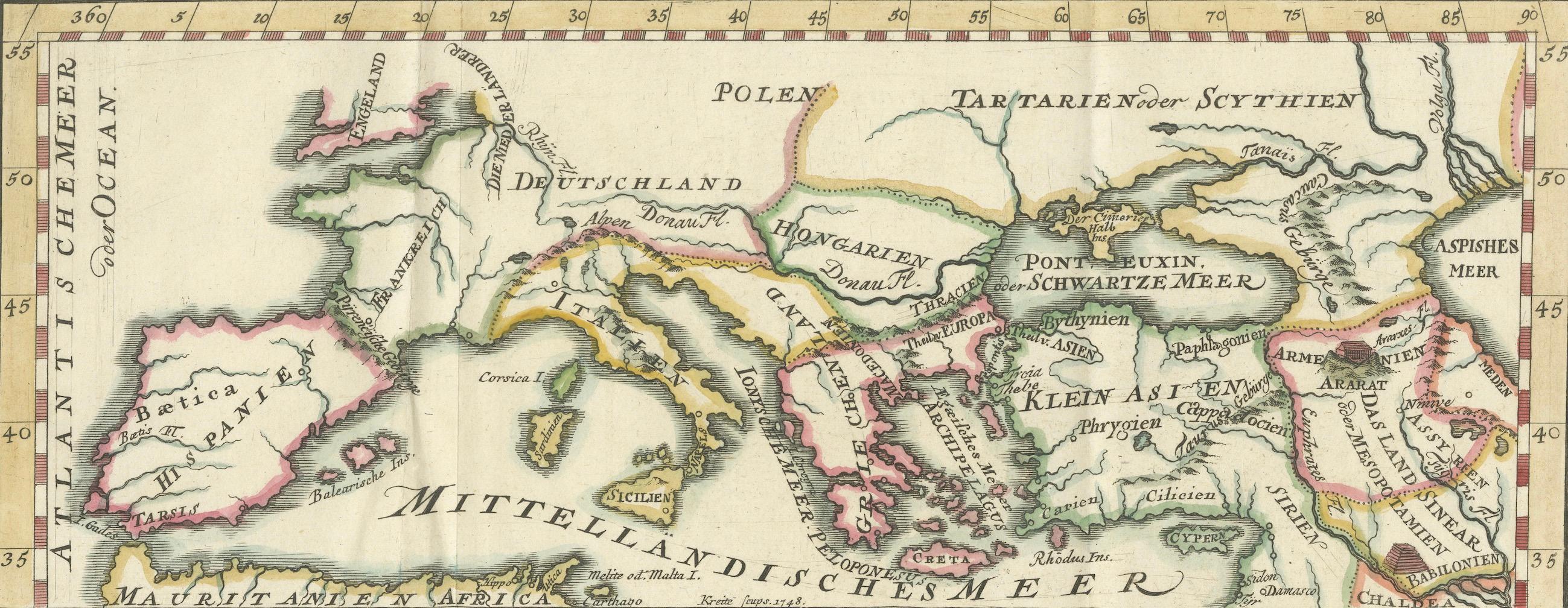Rutas comerciales fenicias - Mapa antiguo de Europa y el Mediterráneo, 1748 siglo XVIII en venta