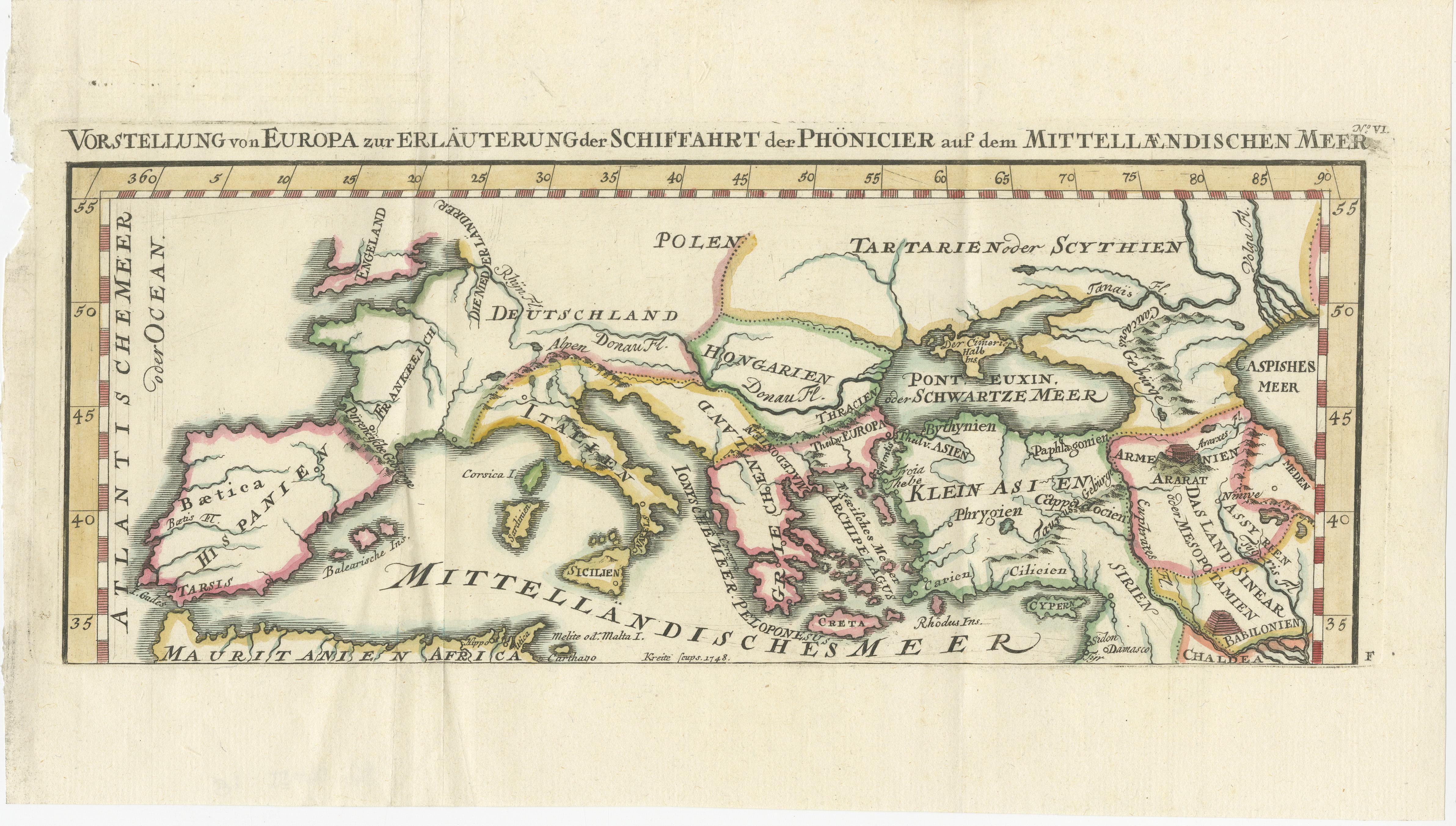 Rutas comerciales fenicias - Mapa antiguo de Europa y el Mediterráneo, 1748 en venta 1