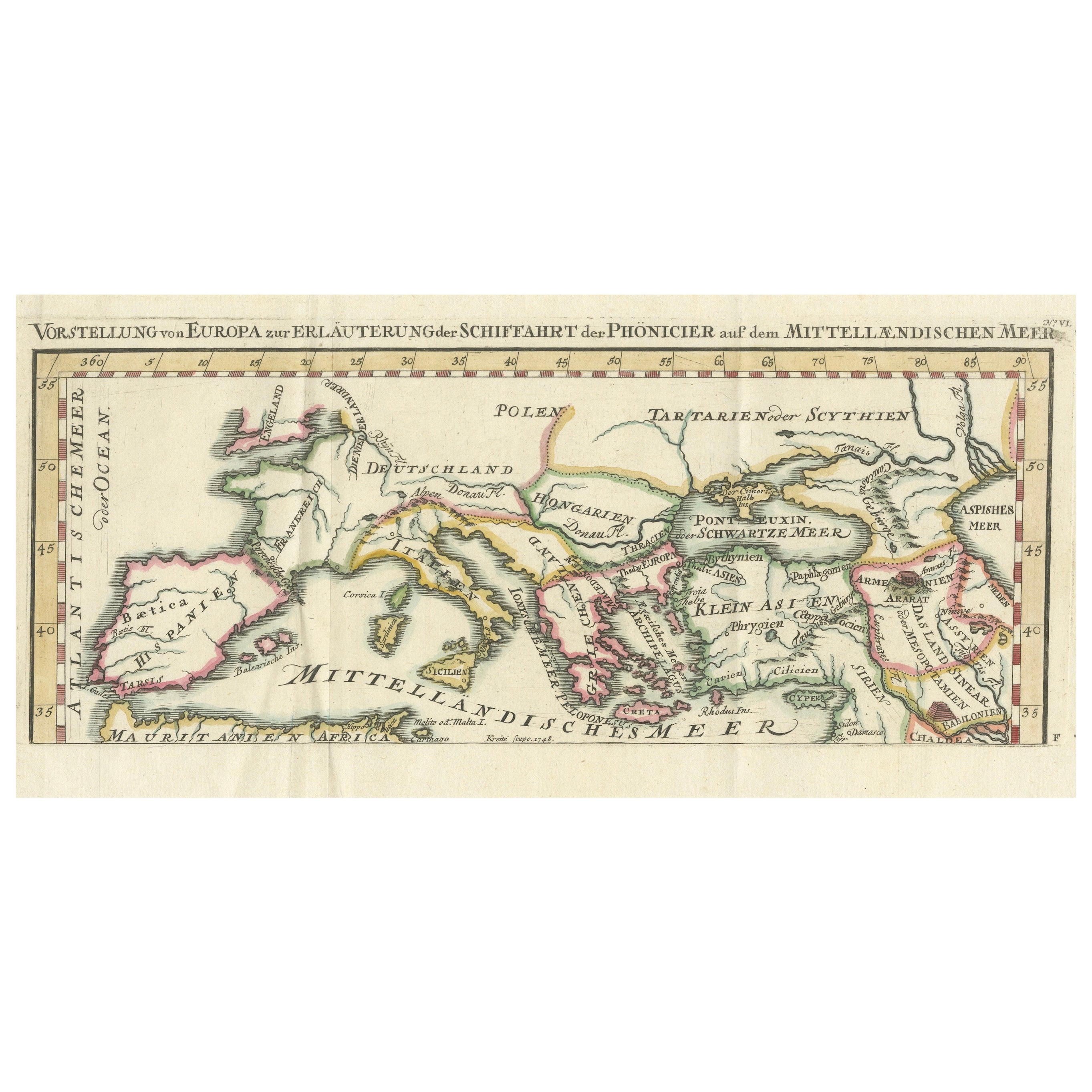 Phoenician Trade Routes – Antique Map of Europe and the Mediterranean, 1748 For Sale