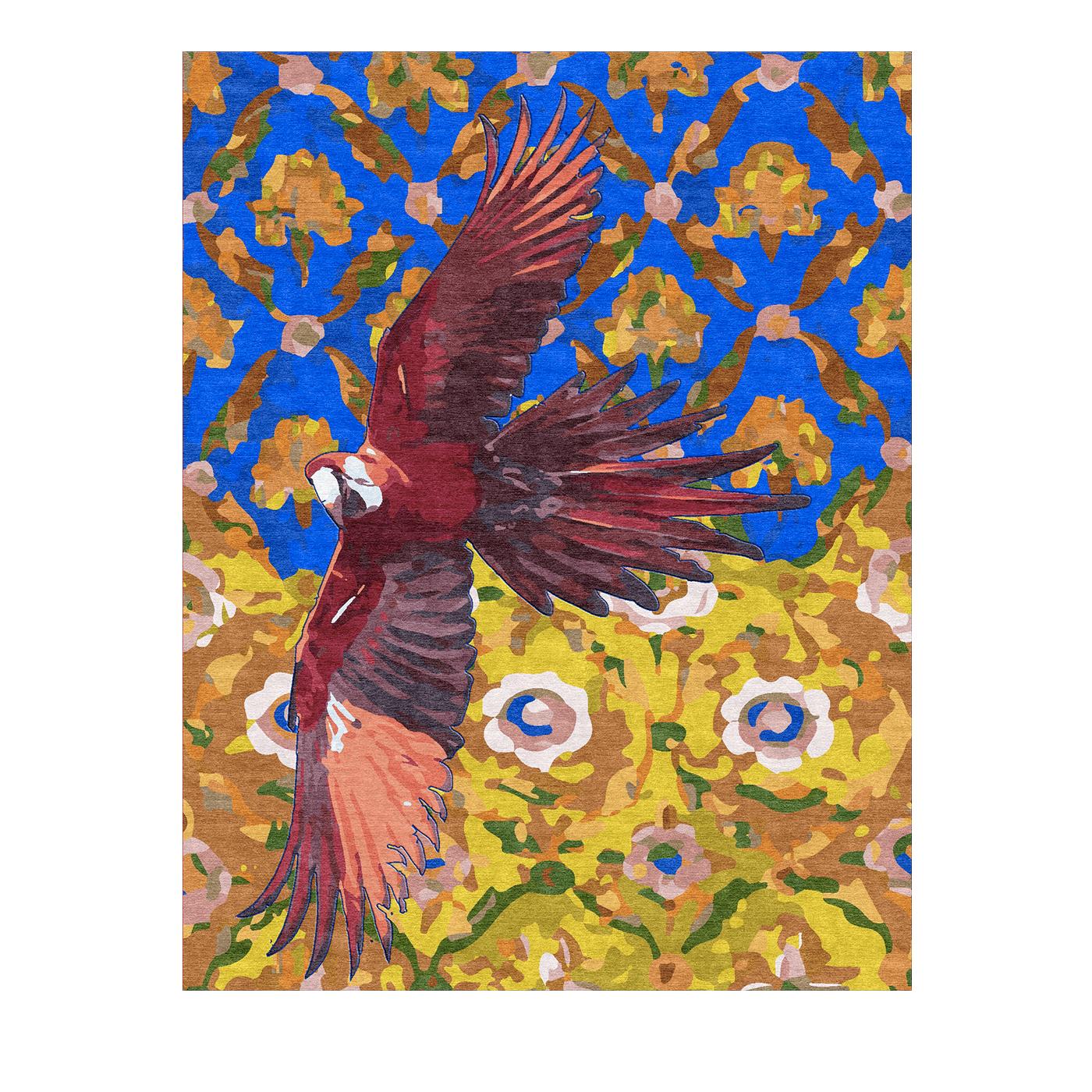 Reminiscent of Matisse's fauvist masterpieces, this piece features a colorful phoenix gliding through a vibrant, fanciful landscape. Its elongated body and bold, red wings elegantly contrast with the cerulean-blue sky and the mustard-yellow