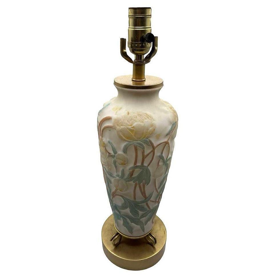 20th Century 1926 Vintage Phoenix Consolidated Satin Glass Vase Lamp, Peonies Leaves Floral