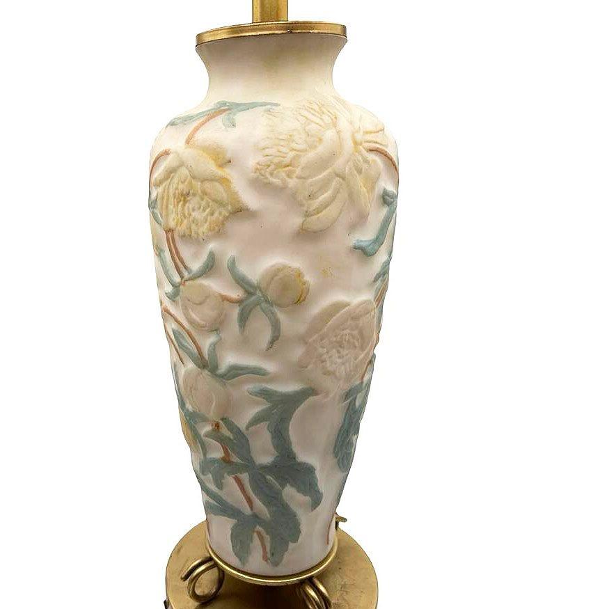 1926 Vintage Phoenix Consolidated Satin Glass Vase Lamp, Peonies Leaves Floral In Excellent Condition In Van Nuys, CA