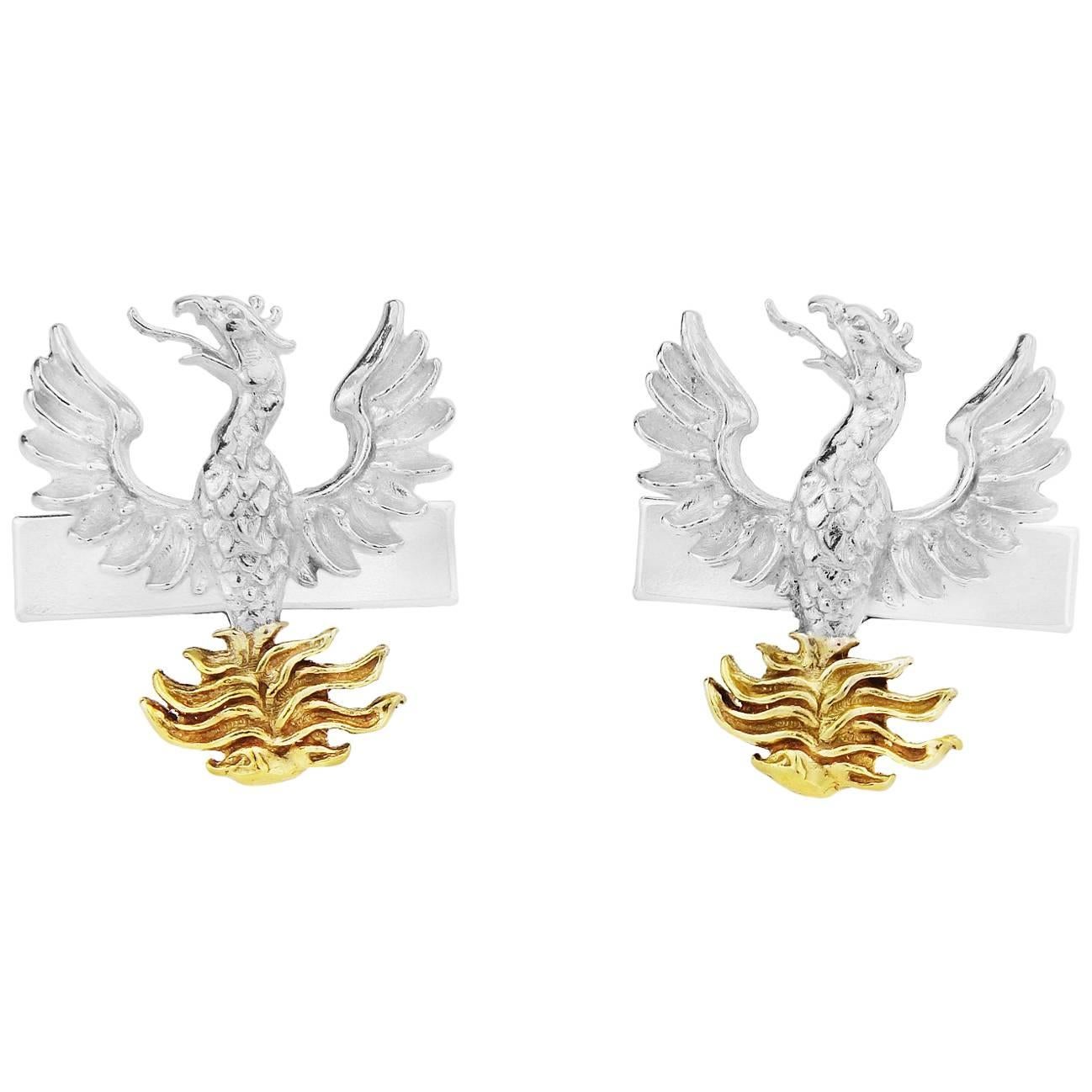 Phoenix Cufflinks in Sterling Silver and 18 Karat Vermeil For Sale