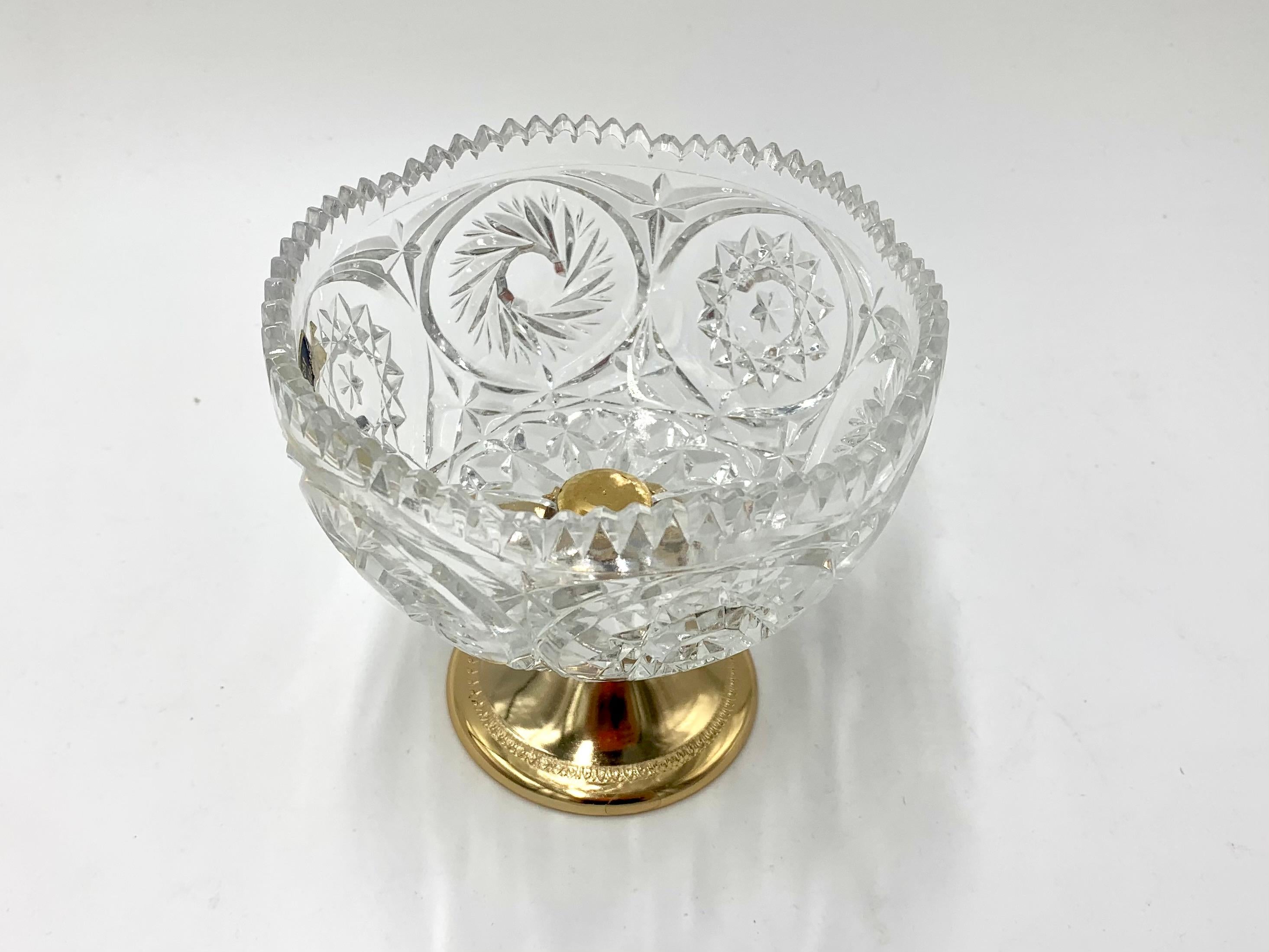 Gilded crystal sugar bowl, produced in Germany in 1960s. 
Excellent condition. 
Preserved original sticker.