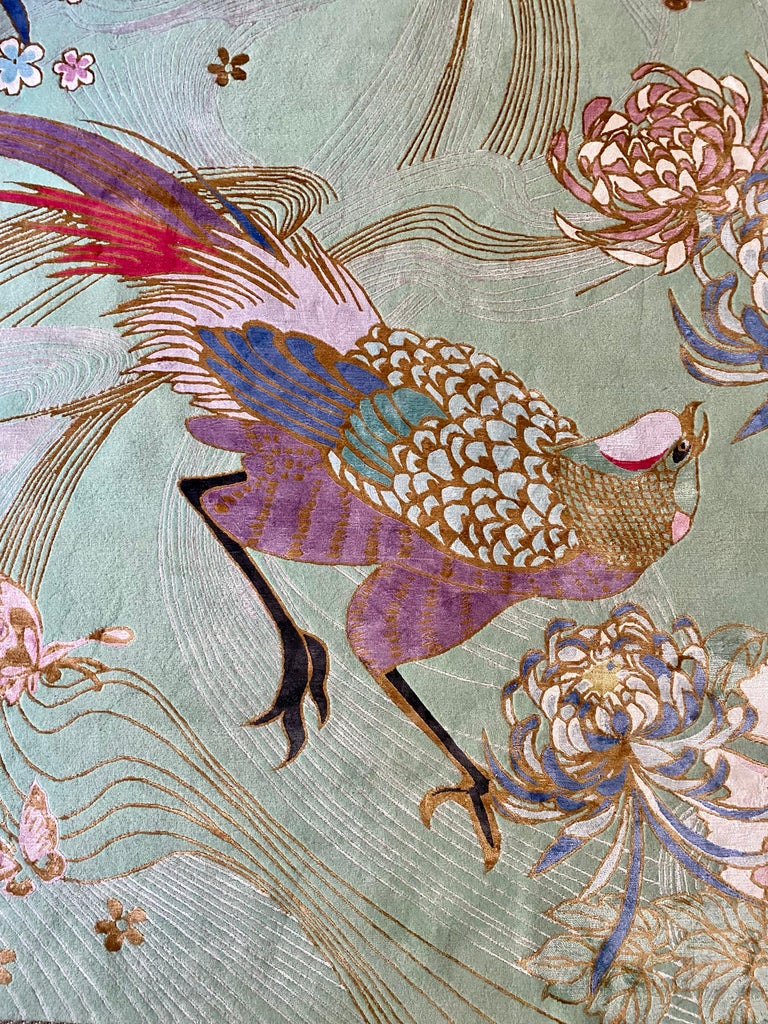 Phoenix Green Hand Knotted Rug, in Wool and Silk by Wendy Morrison